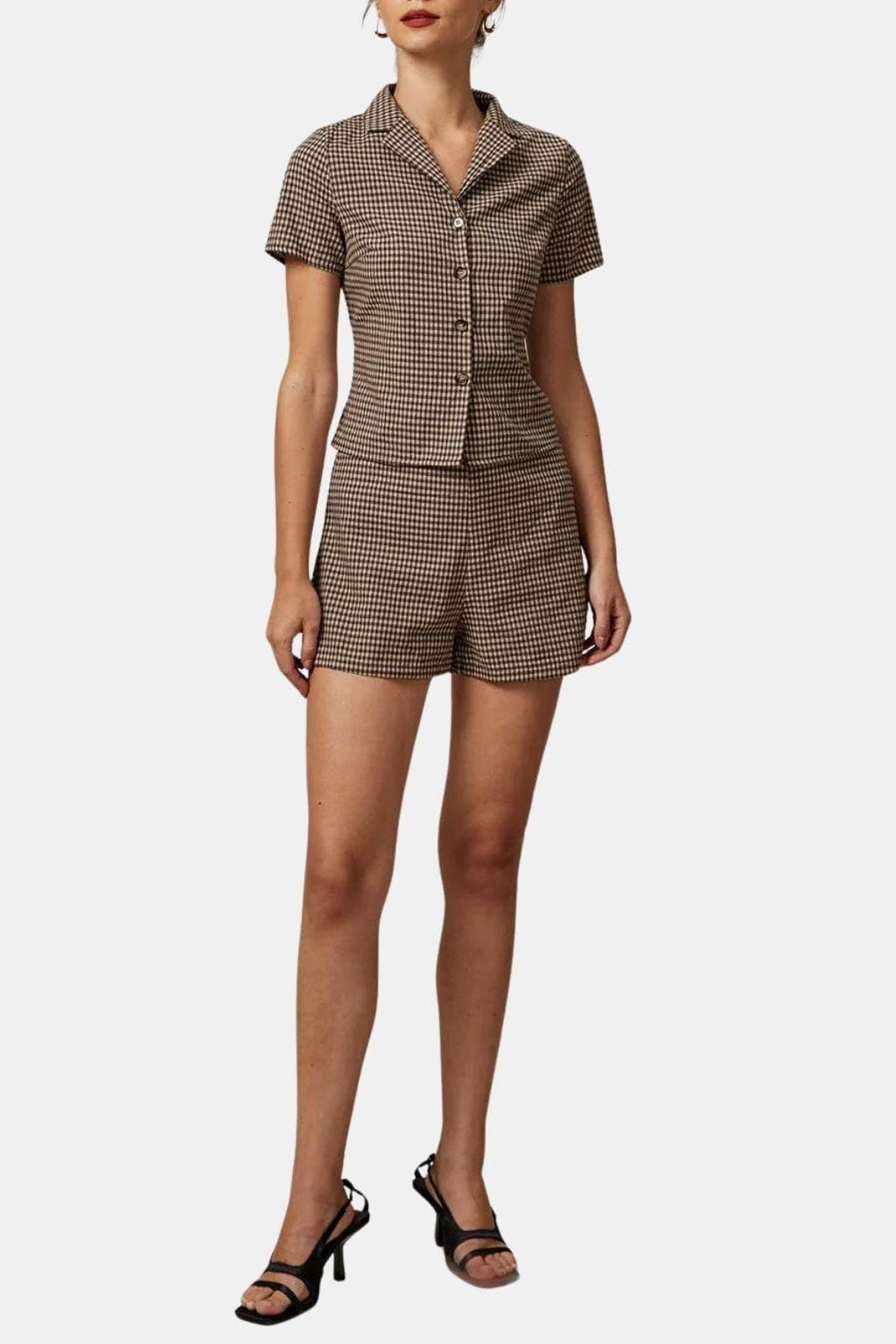 Sariva – Lapel Gingham Short Sleeve Blouse in Brown