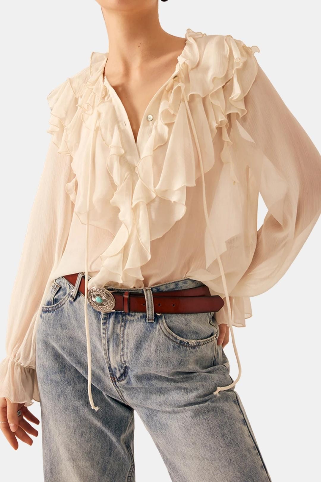 Xavena – Semi-Sheer Ruffle Chiffon Blouse in Apricot