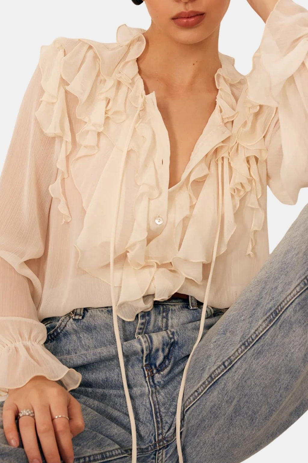 Xavena – Semi-Sheer Ruffle Chiffon Blouse in Apricot