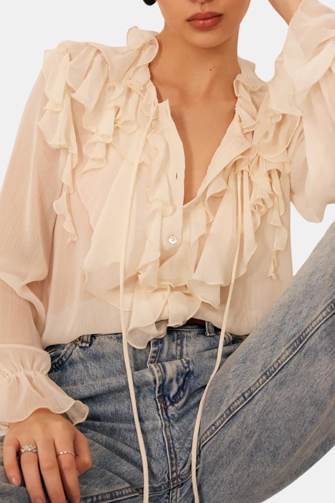Xavena – Semi-Sheer Ruffle Chiffon Blouse in Apricot