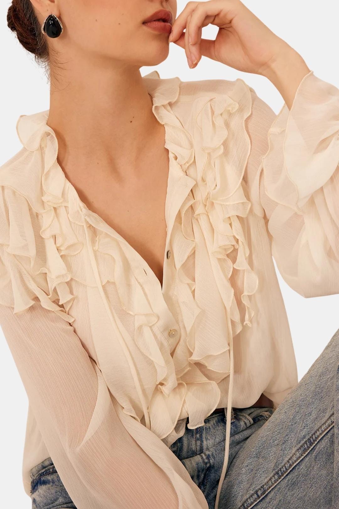 Xavena – Semi-Sheer Ruffle Chiffon Blouse in Apricot