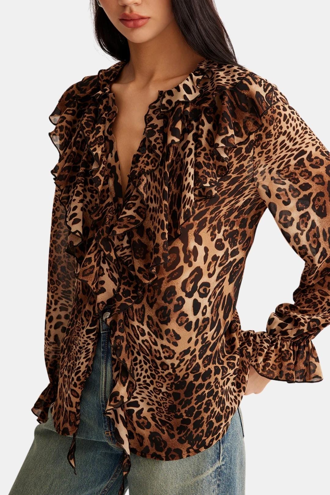 Zanira – Leopard Ruffle Ruffle Blouse in Dark Brown