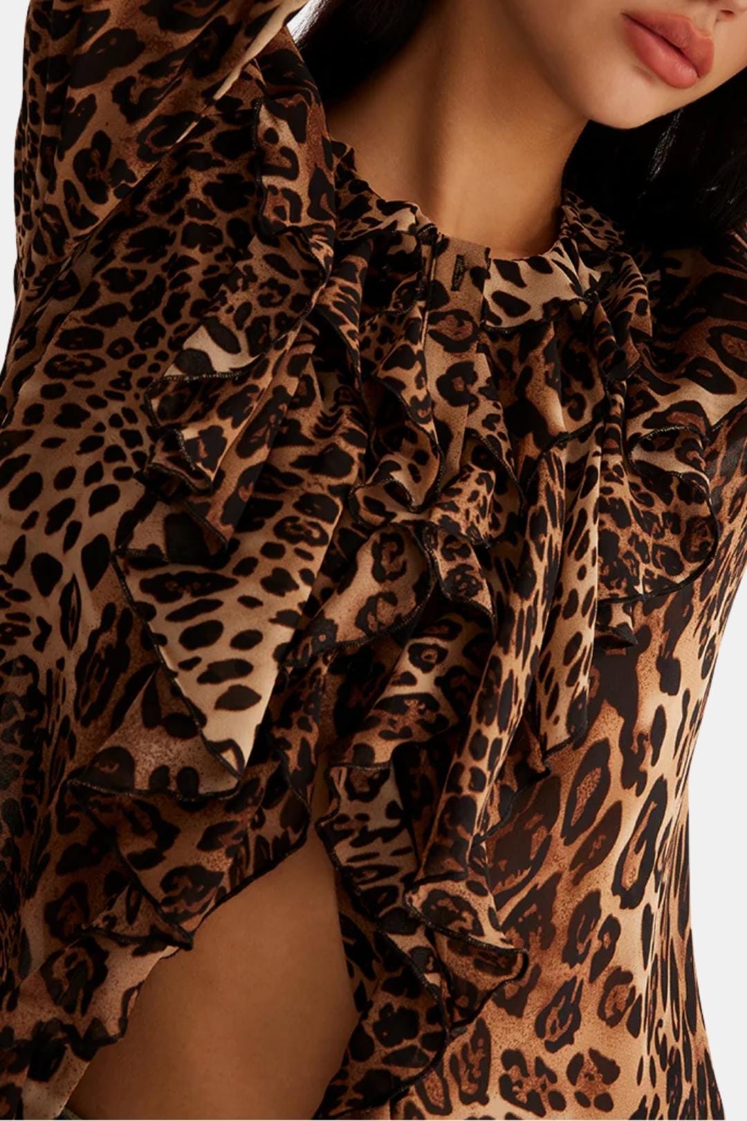 Zanira – Leopard Ruffle Ruffle Blouse in Dark Brown