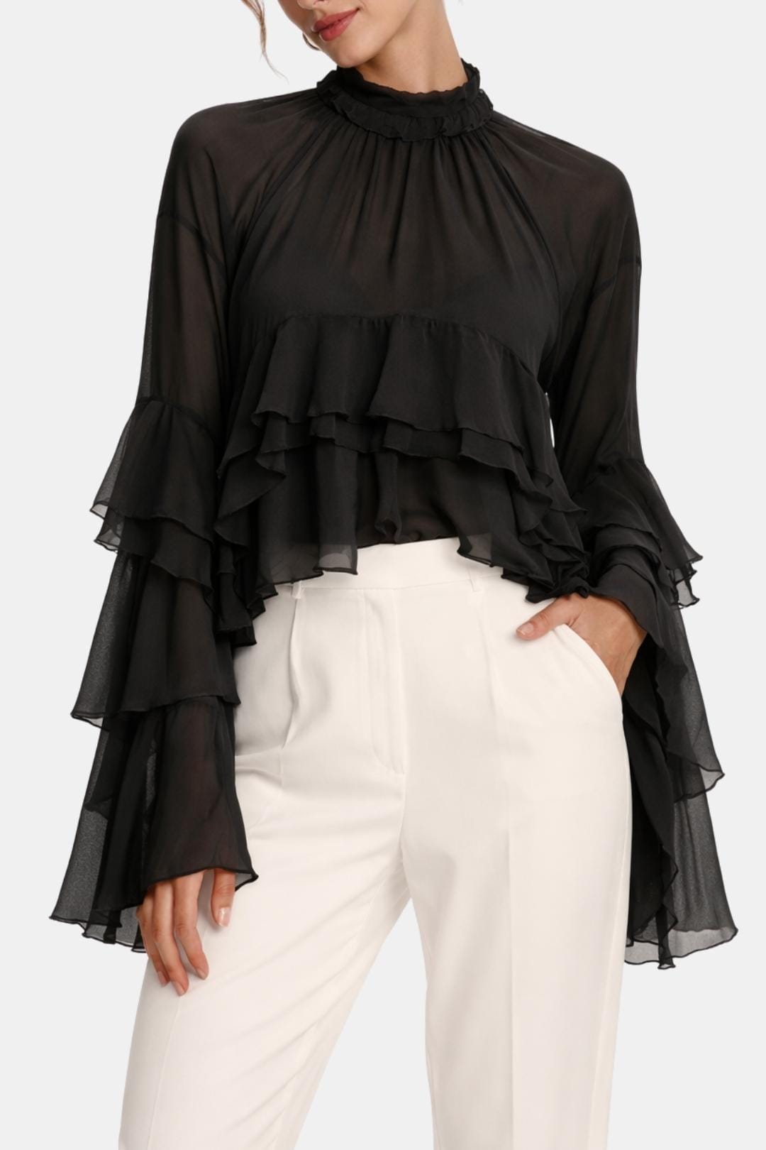 Zavina – Sheer Ruffle Chiffon Turtleneck Blouse