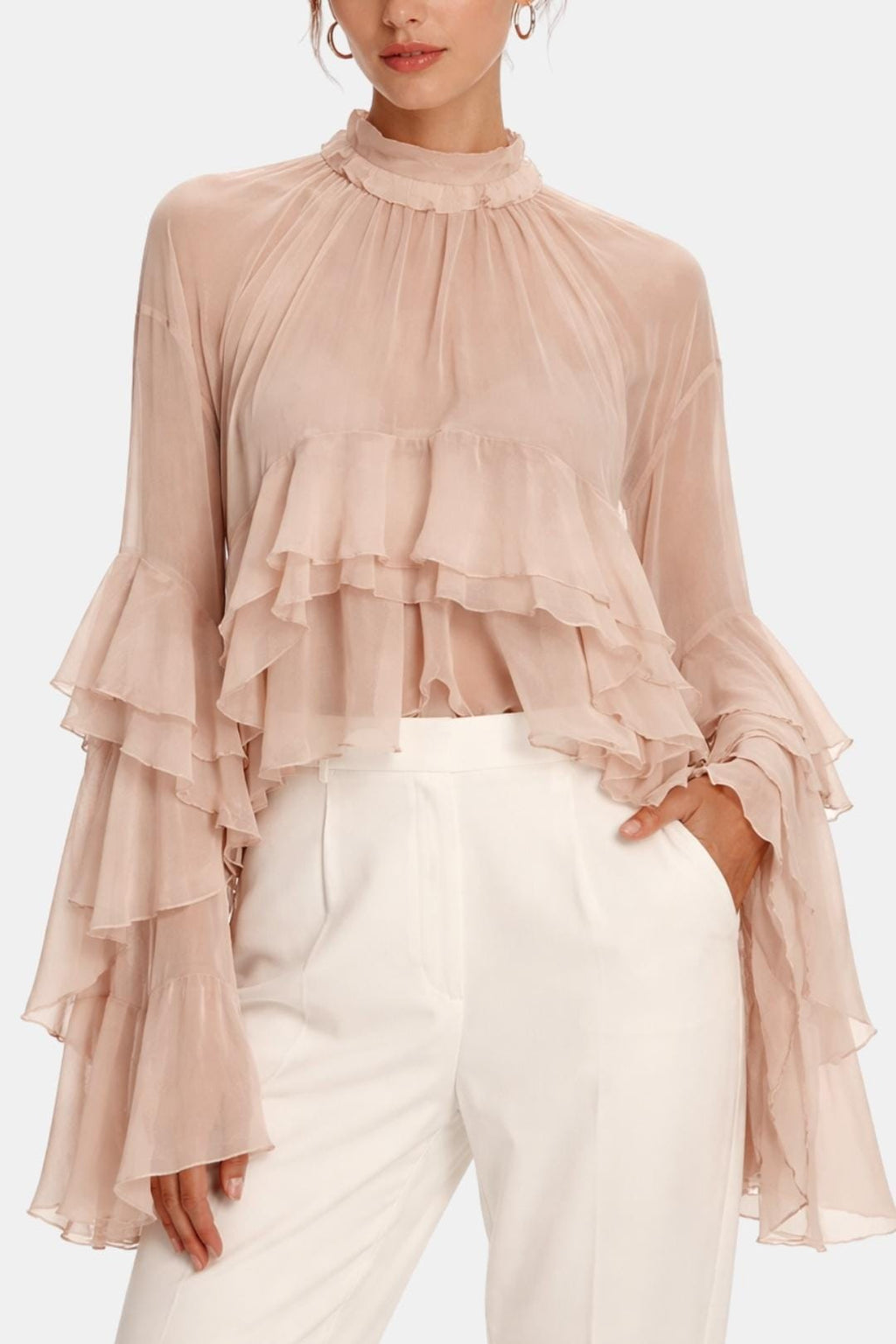 Zavina – Sheer Ruffle Chiffon Turtleneck Blouse